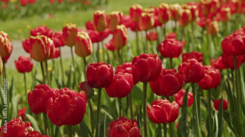 Gorgeous Red Tulips Swaying In The Breeze, Captured In Stunning Slow Motion On A Bright Summer Day In Halifax, Nova Scotia. Gorgeous Red Tulips Swaying In The Breeze, Captured In Stunning Slow Motion On A Bright Summer Day In Halifax, Nova Scotia.