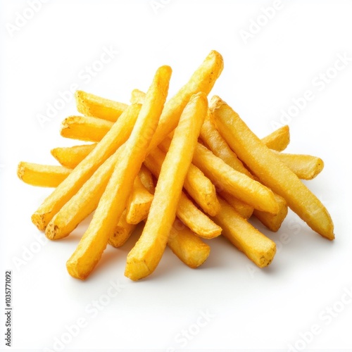 Golden crispy potato fries stacked on white background, classic fast food snack