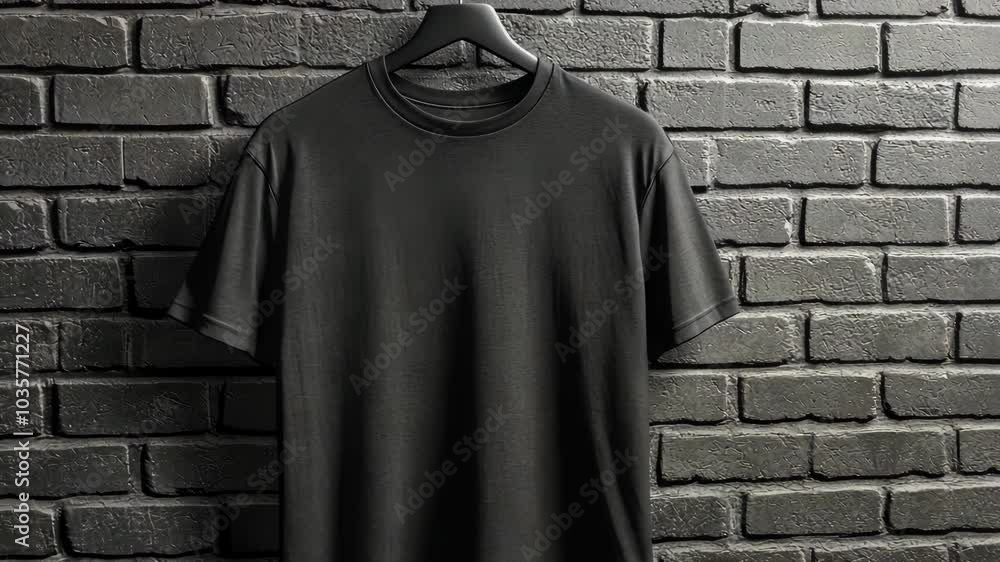 A black t-shirt hangs on a black hanger against a brick wall A black t-shirt hangs on a black hanger against a brick wall