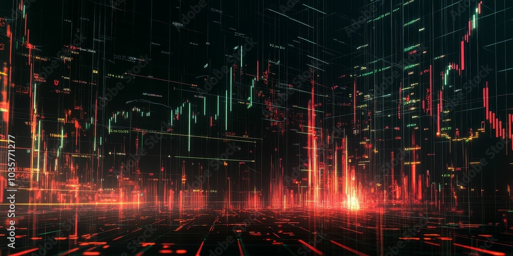 Digital city skyline with glowing red and green lines. Digital city skyline with glowing red and green lines.