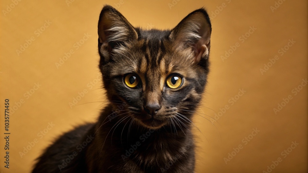 Obraz premium A close-up portrait of a cute black and brown tabby kitten with bright yellow eyes looking directly at the camera.