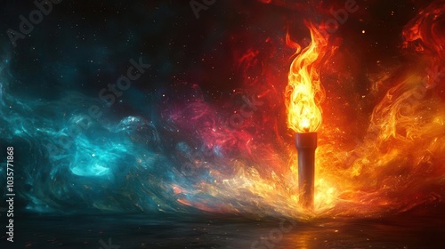 olympic games torch flame surrounded by a dynamic background of colored streaks symbolizing passion determination and the spirit of sportsmanship conveying energy and excitement