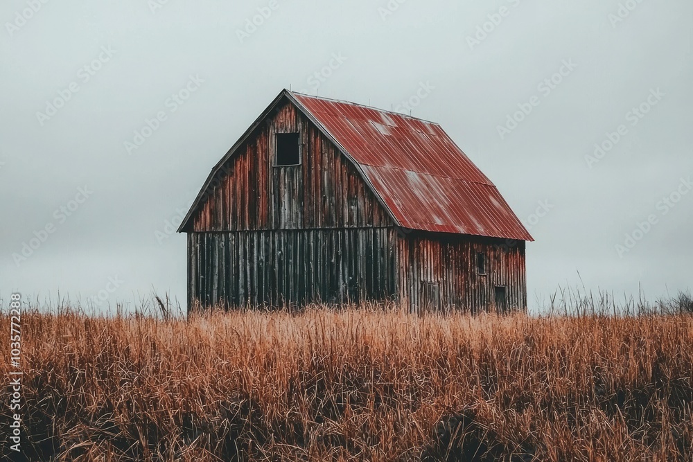 Fototapeta premium An Old Wooden Barn with a Rusty Red Roof in a Field of Dry Grass