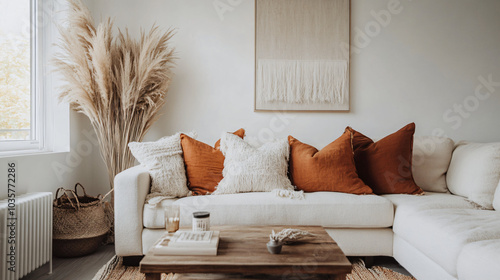 Minimalist Fall Chic: Create a sleek, minimalist room with neutral tones and soft textiles, subtle fall accents like burnt orange pillows, dried pampas grass, and a rustic wood coffee table
