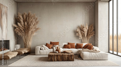 Minimalist Fall Chic: Create a sleek, minimalist room with neutral tones and soft textiles, subtle fall accents like burnt orange pillows, dried pampas grass, and a rustic wood coffee table