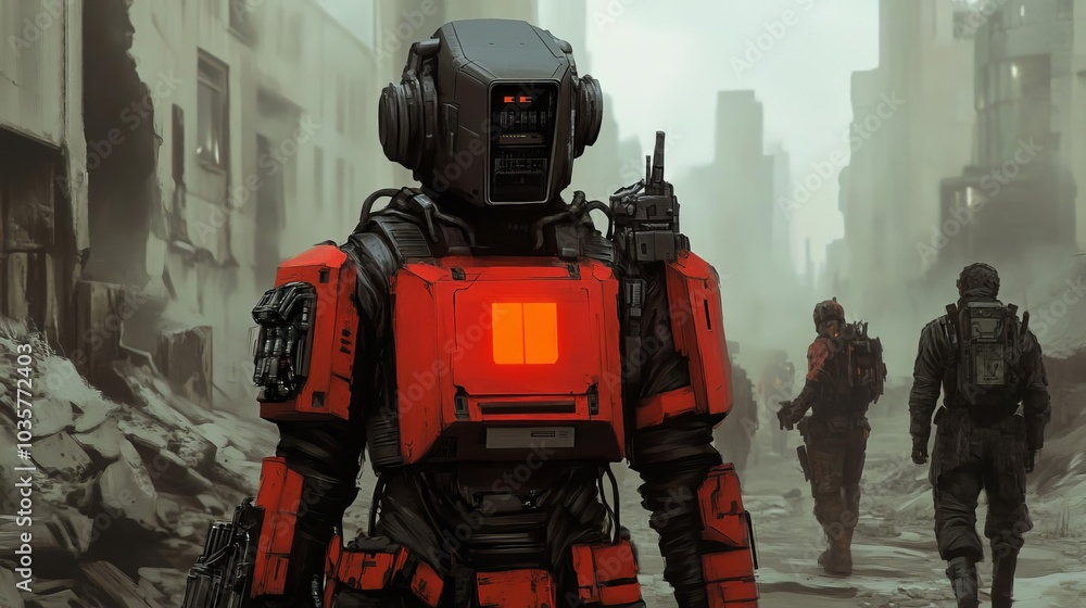 Futuristic wasteland survivors, cybernetic enhancements, scavenging in advanced ruins Futuristic wasteland survivors, cybernetic enhancements, scavenging in advanced ruins