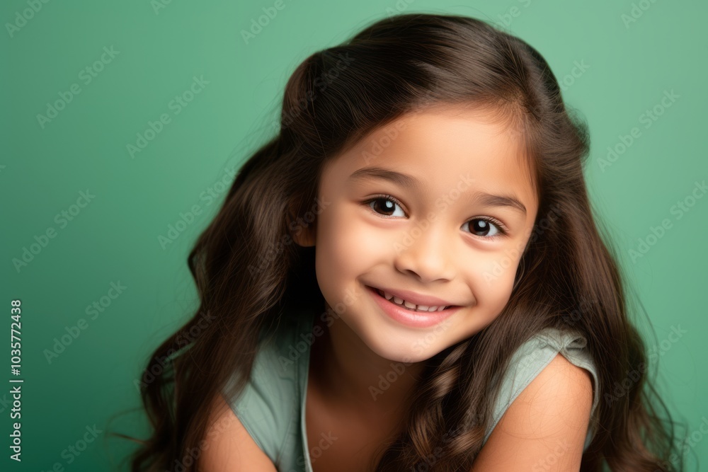 Portrait of a smiling little girl with long hair on a green background Portrait of a smiling little girl with long hair on a green background