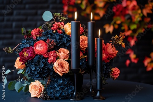 A dark Thanksgiving dinner setting with black candles and moody floral arrangements, creating a gothic vibe photo