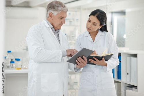 Scientist, team and writing in notebook in lab for disease experiment, medical study and dna process. Researcher, people and molecule research for engineering, vaccine results and healthcare solution photo