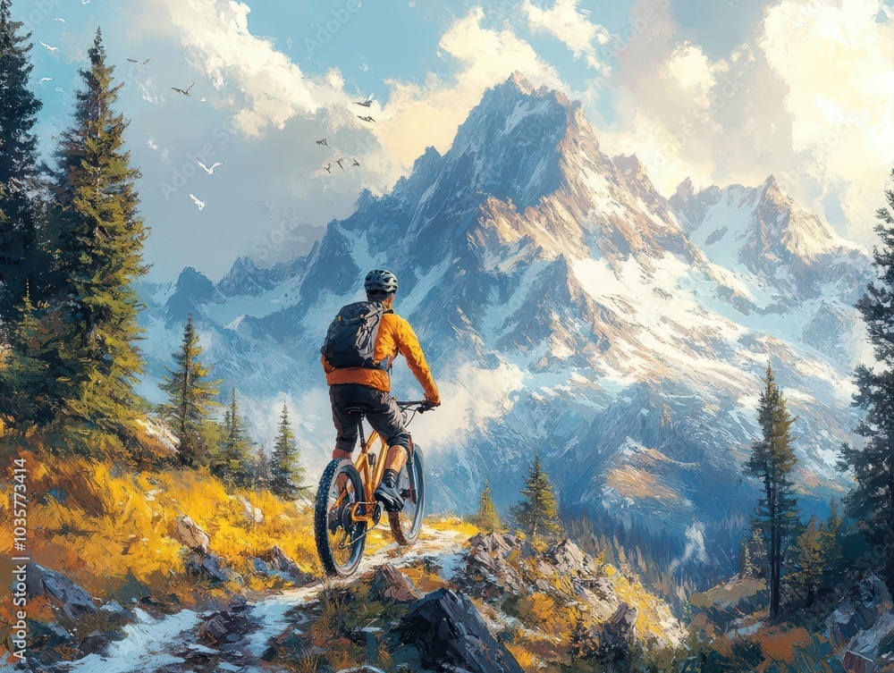 Fototapeta premium young man energetically riding a bicycle on a mountainous trail, surrounded by stunning nature; a depiction of fitness, adventure, and the joy of exploring the outdoors