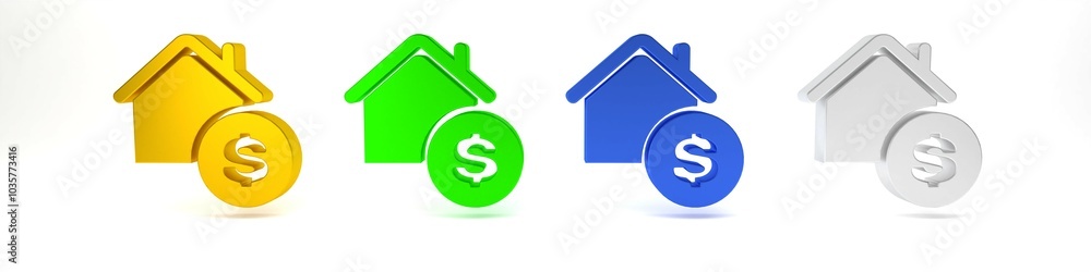 Colorful House with dollar symbol icon isolated on white background. Home and money. Real estate concept. Minimalism concept. 3D render illustration Colorful House with dollar symbol icon isolated on white background. Home and money. Real estate concept. Minimalism concept. 3D render illustration