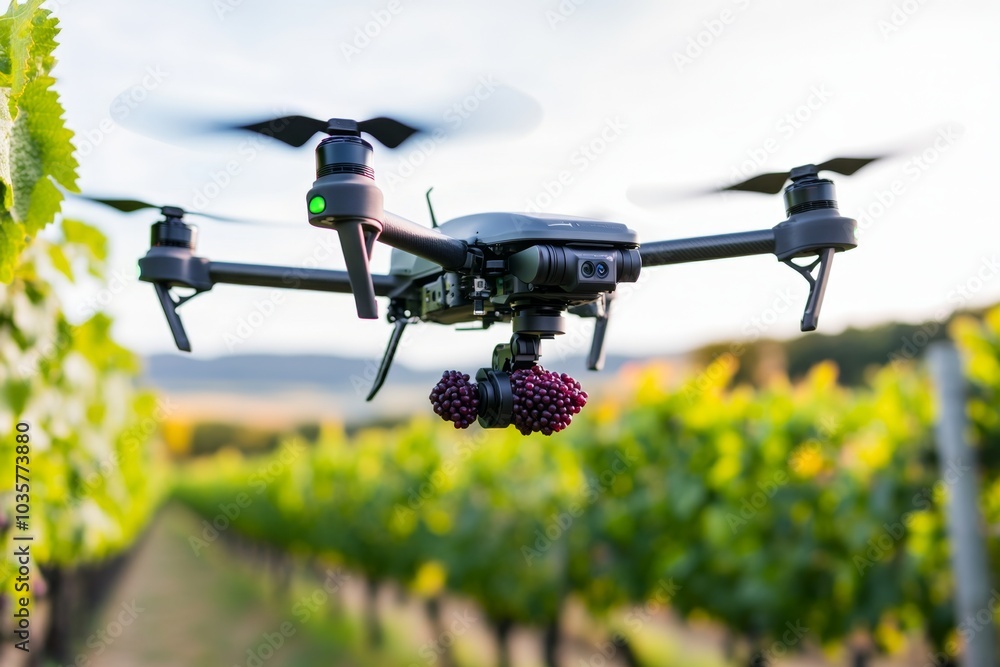 A drone harvesting Wineberries from a high-tech vineyard, automating the process A drone harvesting Wineberries from a high-tech vineyard, automating the process