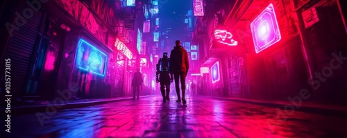 Neon-lit slums, flickering holograms, cyber-enhanced survivors navigating dark streets