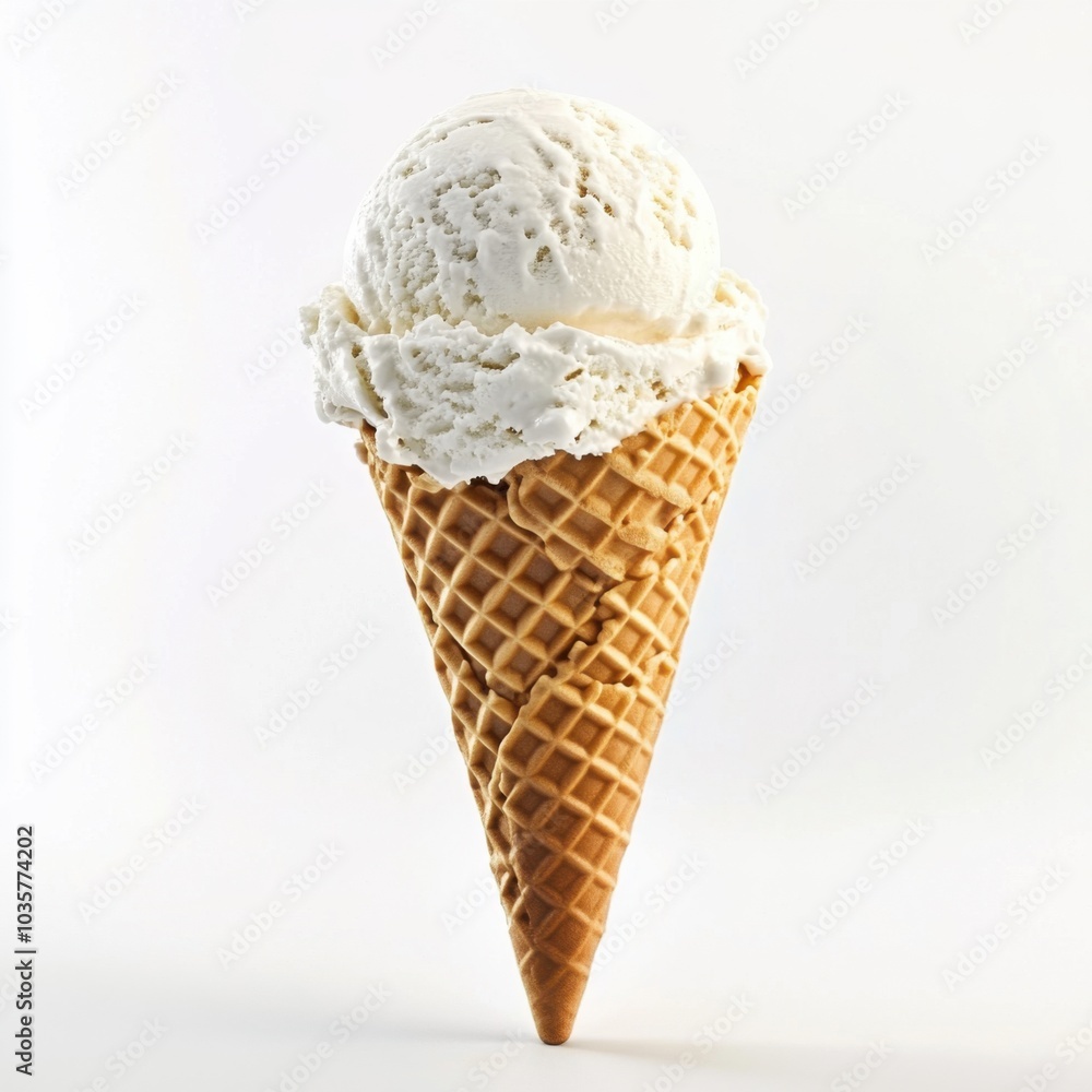 Vanilla ice cream scoop on waffle cone isolated on white background Vanilla ice cream scoop on waffle cone isolated on white background