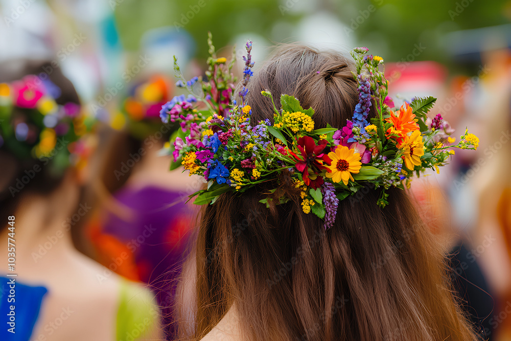 Naklejka premium Vibrant flower crowns with blooming wildflowers worn by festival-goers during a lively spring festival