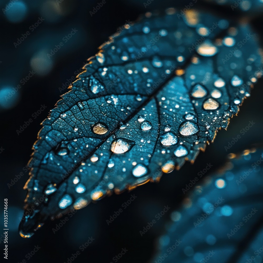 Fototapeta premium Glistening water drops on lush green leaves capturing the beauty of nature's details