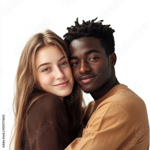 Wallpaper Mural Young interracial couple embracing, smiling, and posing on a white background Torontodigital.ca