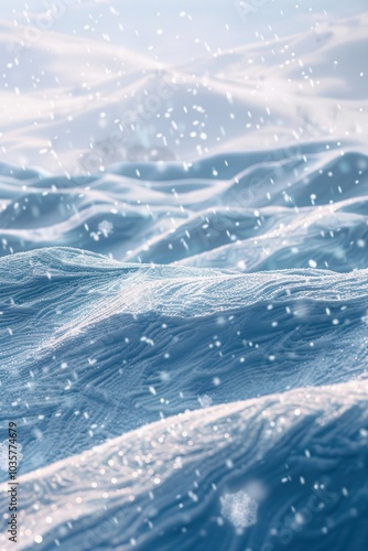 Abstract Snowy Landscape with Gentle Snowflakes and Undulating Hills in Soft Blue and Silver Tones