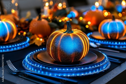 A futuristic Thanksgiving table with holographic place settings, blending tradition and technology