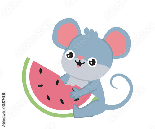 Mouse with food. Cute rodent sitting with watermelon slice. Grey rodent with eating. Domestic animal. Template and layout. Flat vector illustration photo