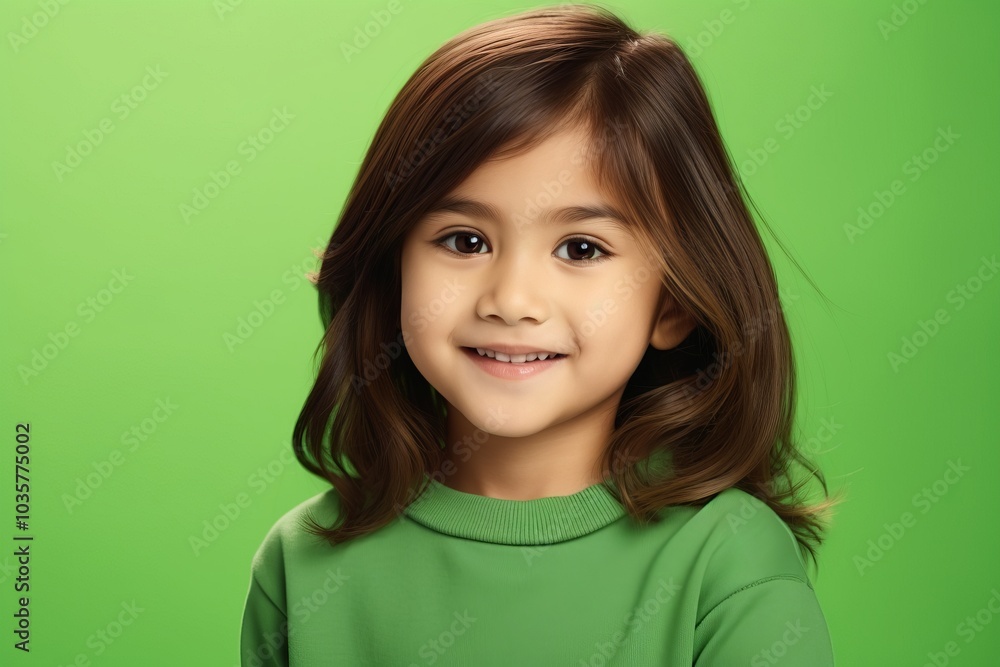 Portrait of a cute little girl smiling at camera over green background Portrait of a cute little girl smiling at camera over green background