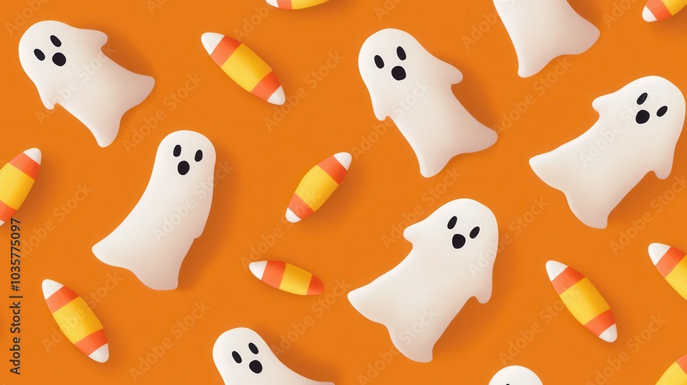 Colorful pattern featuring cute, cartoonish ghosts and candy corn on an orange background, perfect for Halloween-themed decorations. Colorful pattern featuring cute, cartoonish ghosts and candy corn on an orange background, perfect for Halloween-themed decorations.