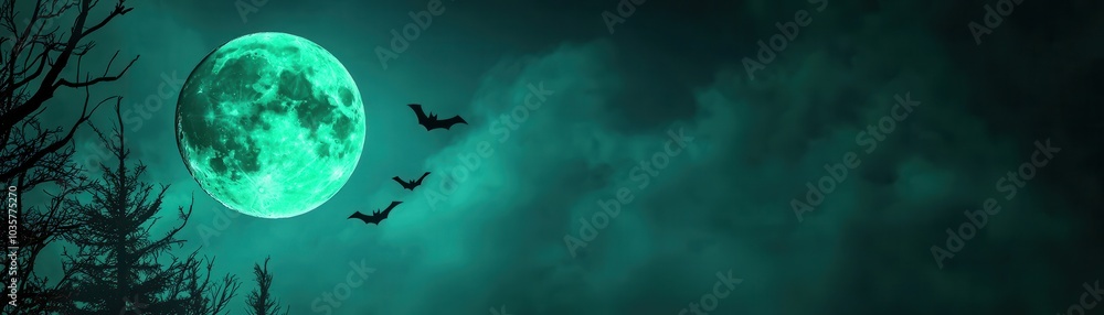 Naklejka premium A hauntingly beautiful scene featuring a large green moon illuminated against a dark, cloudy sky with silhouettes of flying bats.
