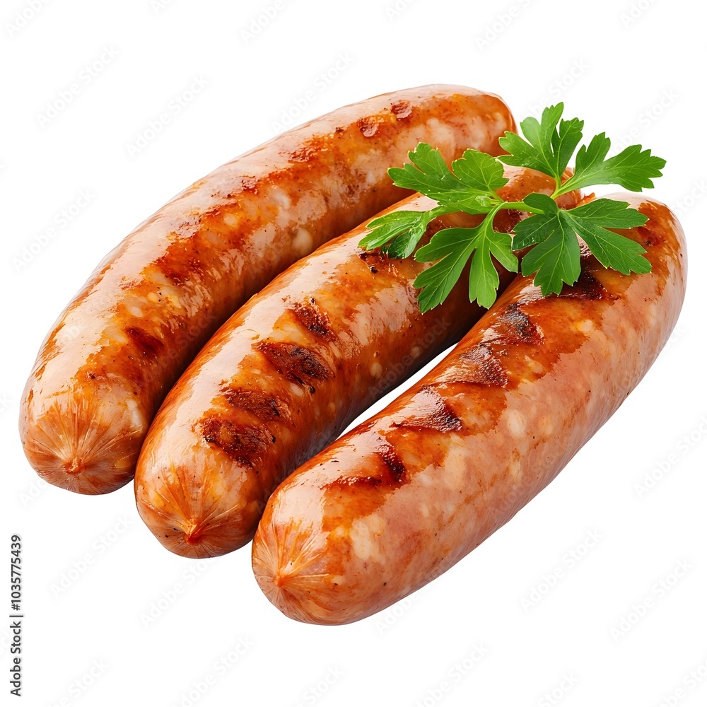Mouth Watering Smoked Bavarian Sausages Perfectly Grilled and Served on a White Background Mouth Watering Smoked Bavarian Sausages Perfectly Grilled and Served on a White Background