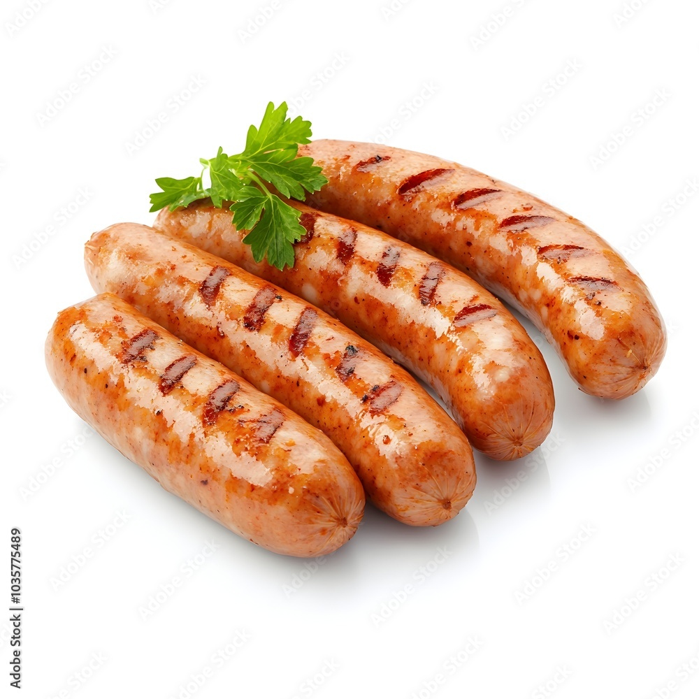 Macro Shot of Perfectly Grilled Smoked Bavarian Sausages on White Background Macro Shot of Perfectly Grilled Smoked Bavarian Sausages on White Background