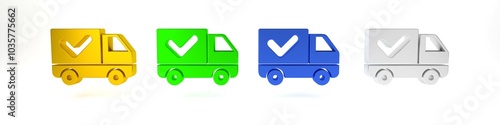 Colorful Delivery truck with check mark icon isolated on white background. Minimalism concept. 3D render illustration