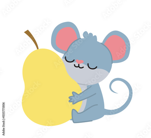 Mouse with food. Cute rodent sitting with yellow pear. Grey rodent with eating. Domestic animal. Poster or banner for website. Flat vector illustration