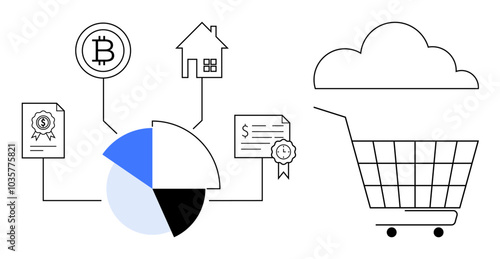 A shopping cart connected to a pie chart via various icons such as a Bitcoin symbol, house, document with a ribbon, and financial certificate. Ideal for financial technology, real estate, investment