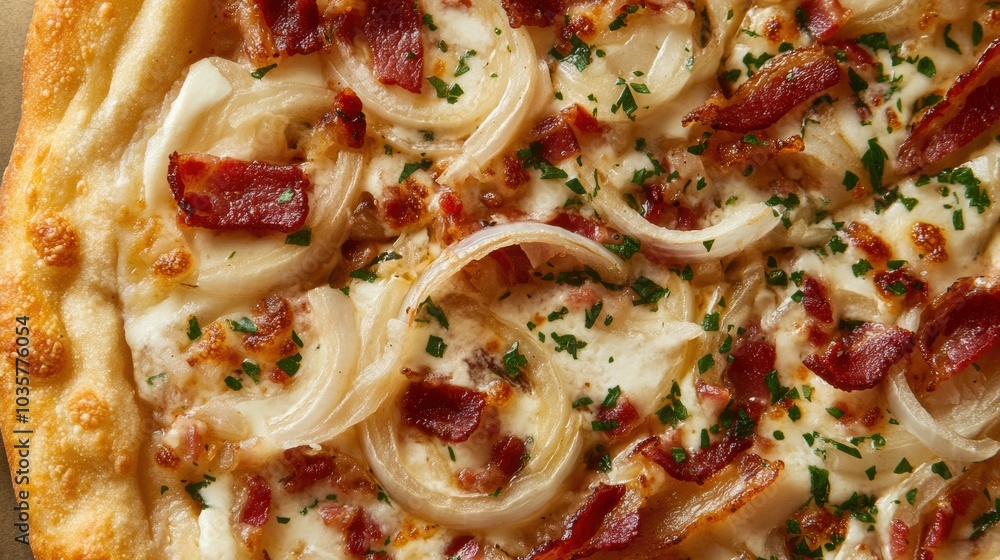 Bacon Onion Pizza Closeup. Bacon Onion Pizza Closeup.