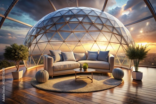 Modern Futuristic Sofa in Transparent Dome with Ambient Lighting - High Dynamic Range Design Concept