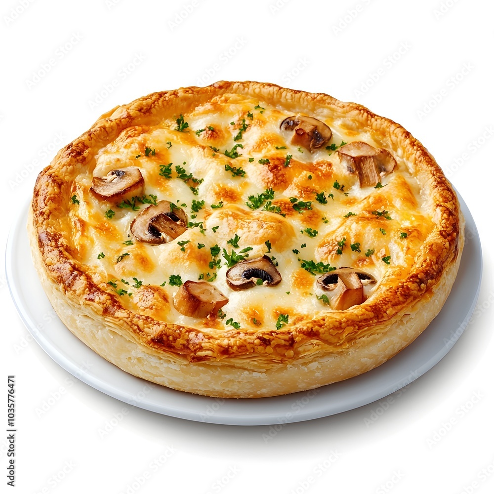 Macro Shot of a Perfect Mushroom Pie with Cheese on White Background Macro Shot of a Perfect Mushroom Pie with Cheese on White Background