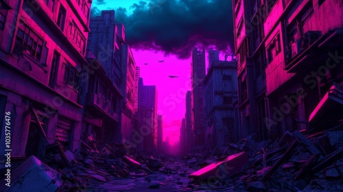Post-apocalyptic slums, neon-lit alleyways, futuristic debris, dark skies overhead