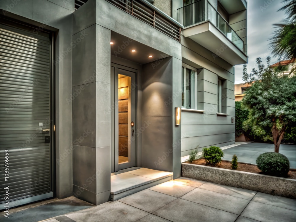 Modern House Entrance with Metallic Gray Door in Athens, Greece - Stylish Architecture and Sidewalk Scene Modern House Entrance with Metallic Gray Door in Athens, Greece - Stylish Architecture and Sidewalk Scene