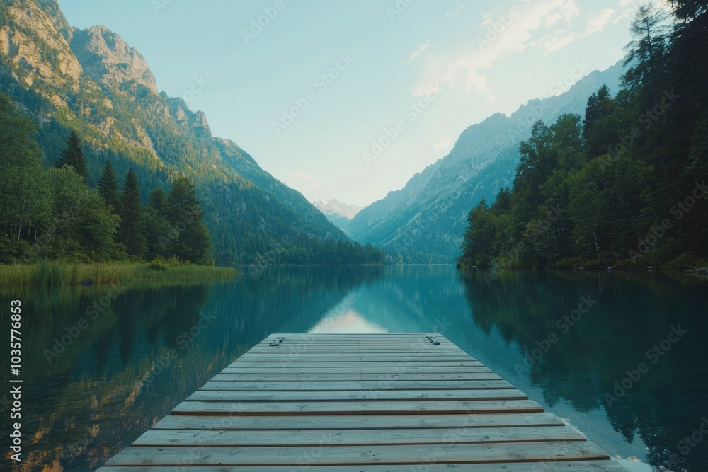 Wooden Dock Extending into Serene Mountain Lake Wooden Dock Extending into Serene Mountain Lake