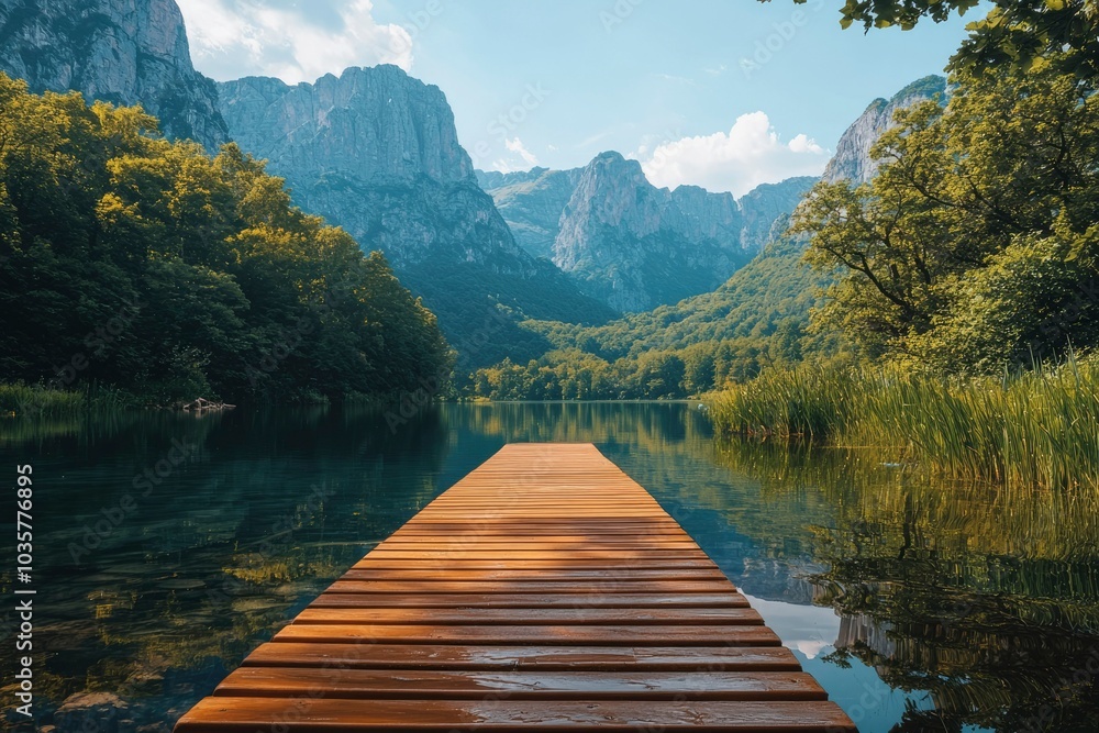 Wooden Dock Extending Into Tranquil Mountain Lake Wooden Dock Extending Into Tranquil Mountain Lake