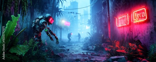 Post-apocalyptic wasteland, overgrown urban ruins, scavengers with cybernetic limbs, broken neon lights