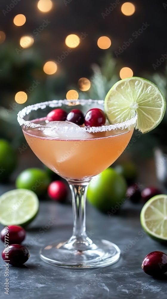 Festive margarita with cranberry juice and sugared rim, icy and bright Festive margarita with cranberry juice and sugared rim, icy and bright