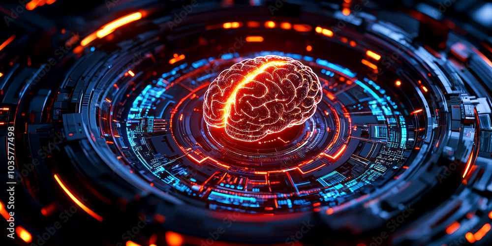 Obraz premium AI algorithm represented as a glowing brain inside a 3D firewall, layers of security protocols around, AI firewall, secure network