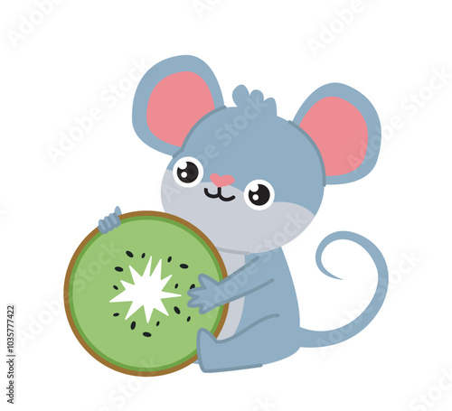 Mouse with food. Cute rodent sitting with slice of kiwi. Grey rodent with eating. Domestic animal. Small character for cartoons. Flat vector illustration