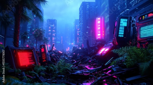 Ruined futuristic metropolis, advanced tech debris, overgrown vegetation, neon glow