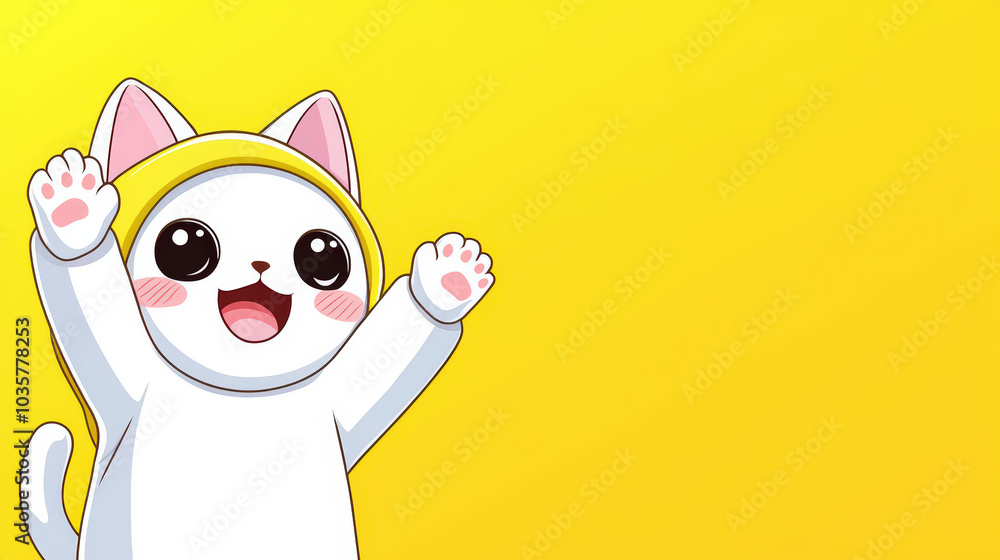 Fototapeta premium Cute chibi cat in white onesie with yellow hood, joyfully waving its paws against bright yellow background, radiating happiness and playfulness