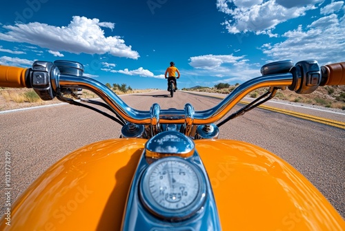 A lone biker on an empty road, with endless horizons ahead