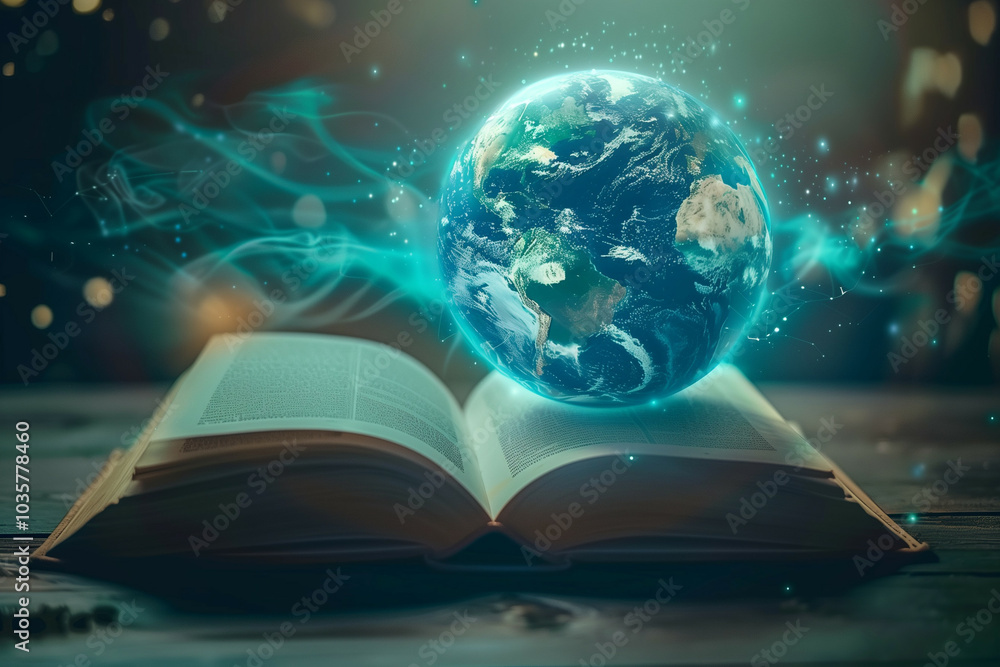 Obraz premium A striking image depicting an open book with a luminous Earth emerging, surrounded by mystical blue light and stars on a wooden table
