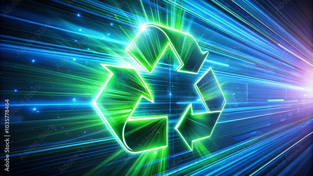 Fototapeta premium Modern Recycle Logo with Green and Blue Arrows on Digital Screen - Sustainable Innovation Concept