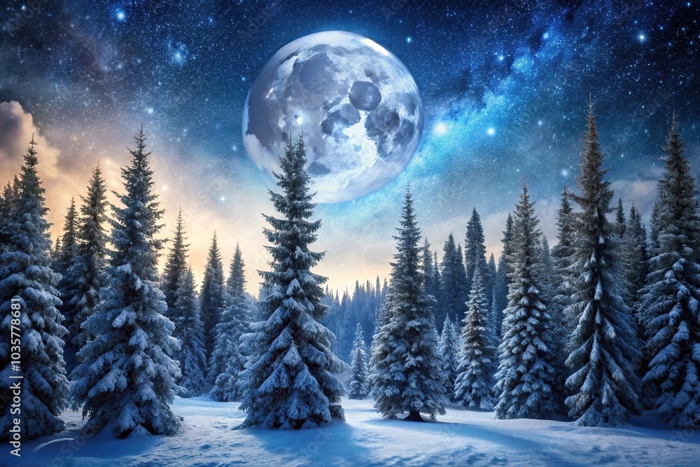 Abstract winter forest with tall trees under a starry night sky and a large moon Extreme Close-Up