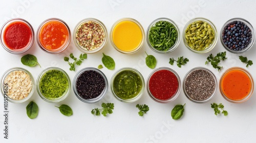 Wallpaper Mural A vibrant assortment of spices and herbs in jars, arranged neatly on a white background, showcasing a variety of colors and textures for culinary inspiration. Torontodigital.ca